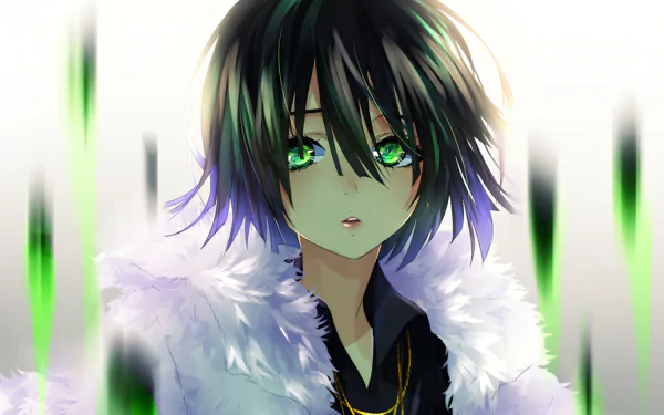 HD anime desktop wallpaper featuring Fubuki from One-Punch Man with striking green eyes, dark hair, and a white fur-trimmed outfit.