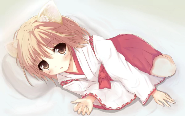 HD anime wallpaper featuring a blonde, short-haired girl with animal ears and brown eyes, wearing a kimono from Mayoi Neko Overrun!.