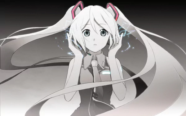 Hatsune Miku with grey eyes and long white twintails, wearing a skirt and tie, listens to music with headphones in this Black & White HD wallpaper.