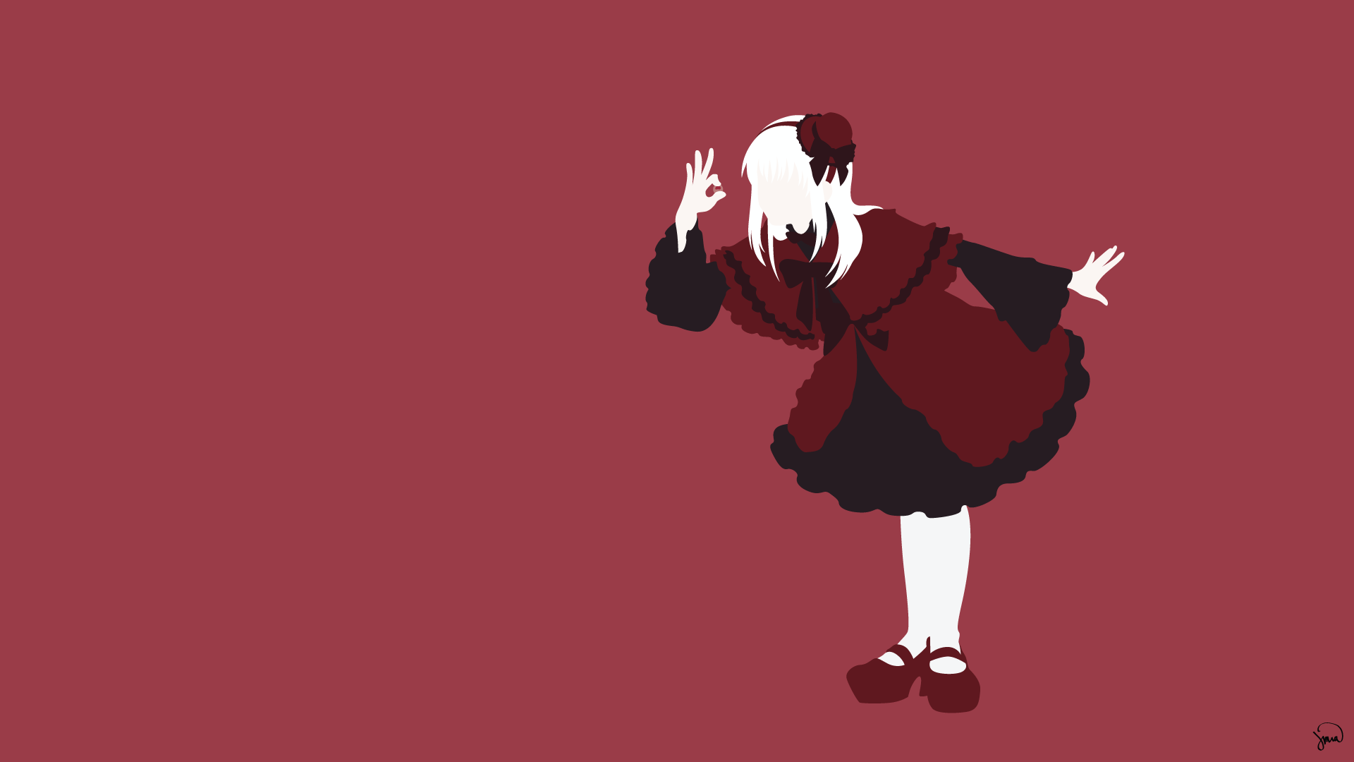 HD PC desktop wallpaper of Anna Kushina (K Project): a white-haired anime girl in a red-and-black frilled dress bowing against a solid muted red background.