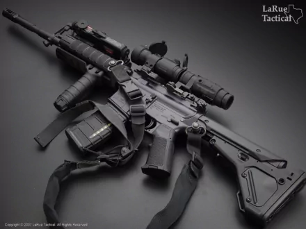 A sleek, high-definition desktop wallpaper featuring a detailed rifle, showcasing its complex design and accessories against a dark background.