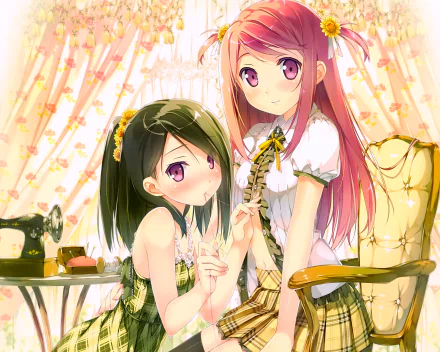 An HD wallpaper features two anime girls with pink, green, and orange hair, blushes, and twintails. They are in a room with a floral curtain, chair, and sewing machine, from the series 5 Nenme no Houkago.