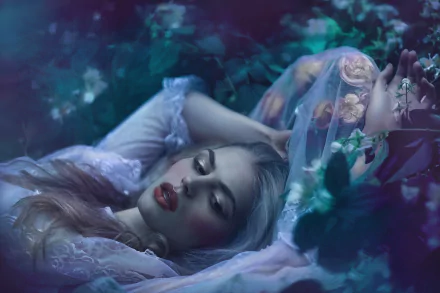 HD PC desktop wallpaper of a dreamy woman reclining in lace among twilight foliage and roses, moody teal-purple lighting evoking a quiet, otherworldly atmosphere.