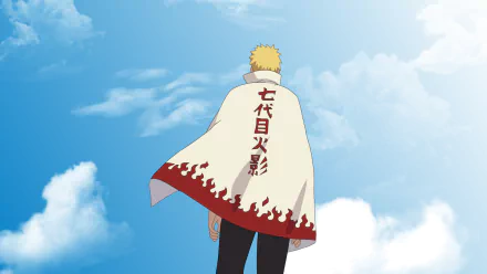 HD desktop wallpaper featuring Naruto Uzumaki from the anime Naruto, showcasing Naruto from behind wearing his Hokage cloak against a bright blue sky with scattered clouds.