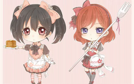 Chibi characters Nico Yazawa and Maki Nishikino from Love Live! are depicted in maid outfits, holding pancakes and a fork, against a soft pink background.