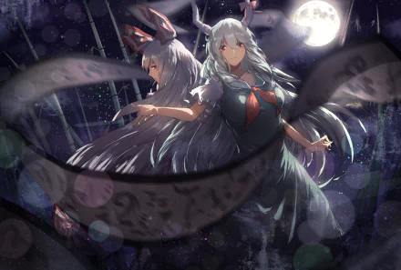 Anime-style HD wallpaper featuring Fujiwara no Mokou and Keine Kamishirasawa with white and green long hair, red eyes, horns, and green dress under a full moon amidst bamboo.