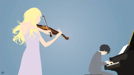 Kousei Arima plays piano while Kaori Miyazono performs on violin, captured in a vibrant, artistic style from the anime Your Lie in April. A striking HD desktop wallpaper.