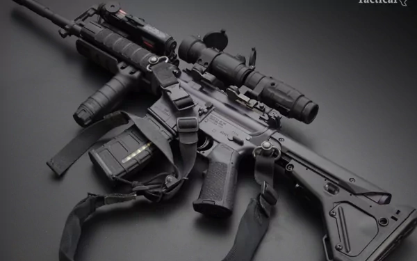 A sleek, high-definition desktop wallpaper featuring a detailed rifle, showcasing its complex design and accessories against a dark background.
