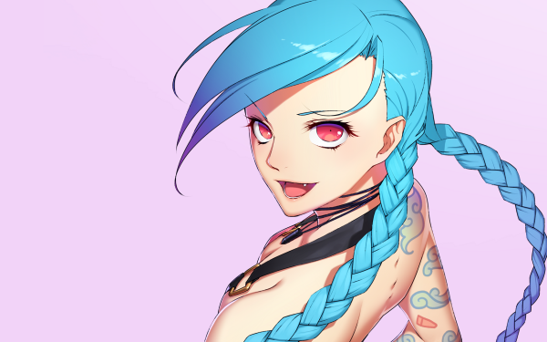 Video Game League Of Legends Jinx Long Hair Blue Hair Braid Tattoo Red Eyes Smile Necklace HD Wallpaper | Background Image