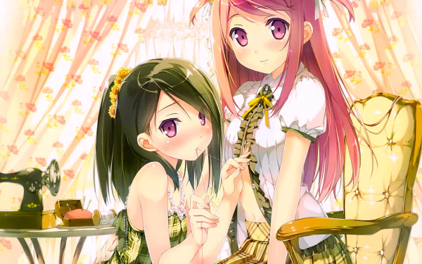 An HD wallpaper features two anime girls with pink, green, and orange hair, blushes, and twintails. They are in a room with a floral curtain, chair, and sewing machine, from the series 5 Nenme no Houkago.