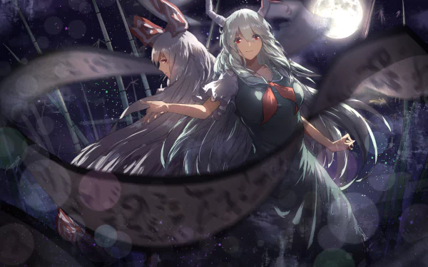 Anime-style HD wallpaper featuring Fujiwara no Mokou and Keine Kamishirasawa with white and green long hair, red eyes, horns, and green dress under a full moon amidst bamboo.