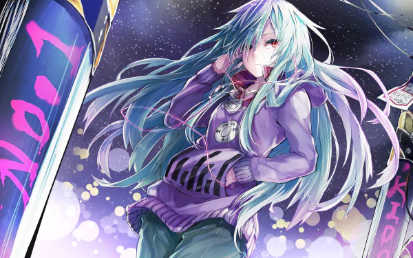 A vibrant HD wallpaper featuring Tsubomi Kido from the Kagerou Project, showcasing her long blue hair and striking red eyes against a starry backdrop.