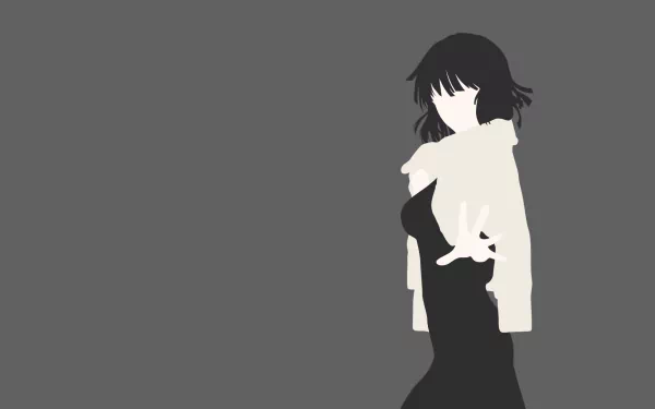 Minimalist HD anime wallpaper featuring Fubuki from One-Punch Man with black hair and a sleek black dress against a solid gray background.