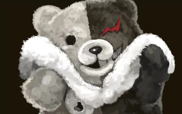 HD wallpaper featuring Monokuma from Danganronpa, showcasing his signature split design with a mischievous grin, set against a dark background.
