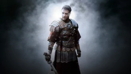 HD desktop wallpaper of Russell Crowe as a gladiator, featuring him in detailed armor with a misty and dramatic backdrop, inspired by the movie Gladiator.
