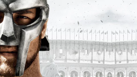 HD desktop wallpaper featuring a close-up of a gladiator wearing a helmet, with a historic arena in the background. Tags: movie, gladiator.
