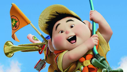 A cheerful Russell from the movie Up smiles while holding a fishing pole, surrounded by his exploration gear in this vibrant HD wallpaper.