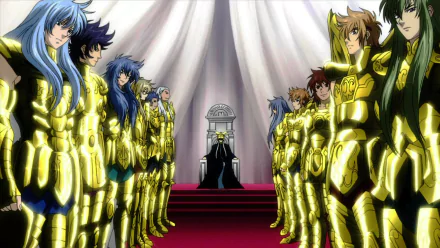 HD anime desktop wallpaper featuring Saint Seiya characters in golden armor standing in two lines facing a seated figure under flowing drapery.