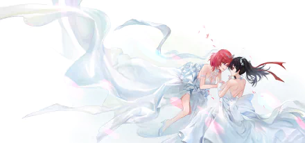 Anime HD wallpaper featuring Nico Yazawa and Maki Nishikino from Love Live! dressed as brides, with flowing white dresses and delicate ribbons, in a tender embrace.