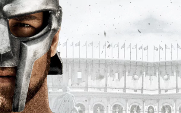 HD desktop wallpaper featuring a close-up of a gladiator wearing a helmet, with a historic arena in the background. Tags: movie, gladiator.