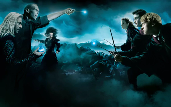 A dramatic scene from Harry Potter and the Order of the Phoenix, featuring wizards in a tense standoff, illuminated by glowing spells against a dark, misty backdrop. HD desktop wallpaper.