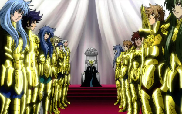 HD anime desktop wallpaper featuring Saint Seiya characters in golden armor standing in two lines facing a seated figure under flowing drapery.