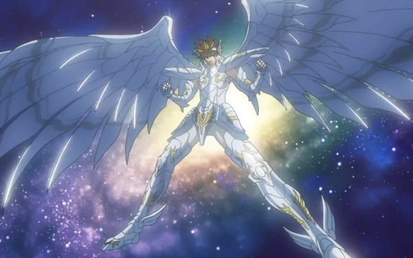 HD PC desktop wallpaper featuring an anime character from Saint Seiya with glowing armor and large white wings against a cosmic background.