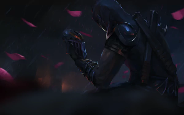 A dark HD wallpaper featuring Shen from League of Legends, showcasing the character amidst falling pink petals, exuding a mysterious and atmospheric vibe.