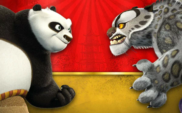 HD wallpaper featuring Tai Lung and Po from *Kung Fu Panda*, showcasing their dramatic rivalry against a vibrant red backdrop.