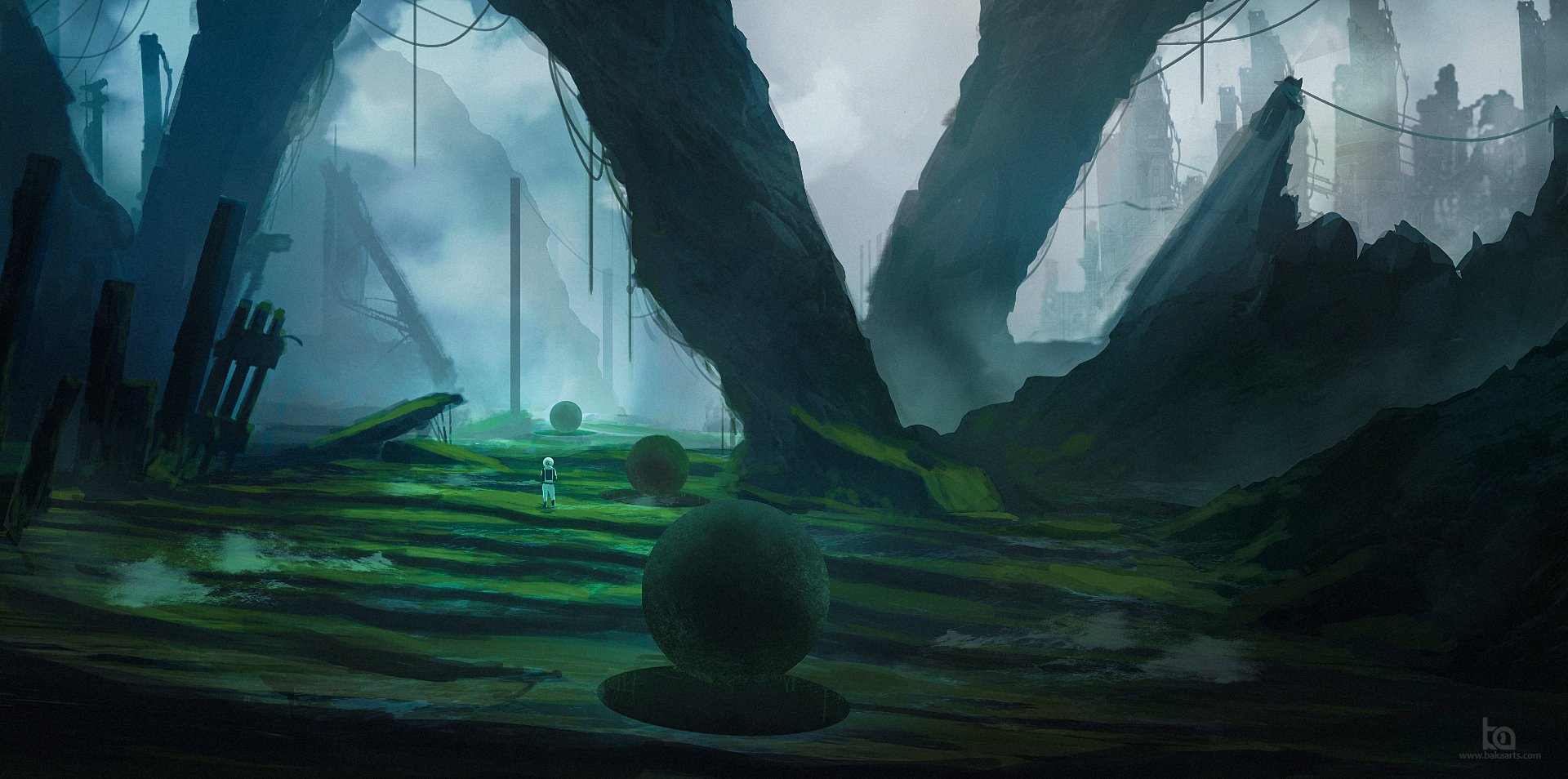 HD PC desktop wallpaper depicting a sci-fi landscape with towering ruins and an astronaut exploring a mysterious, overgrown terrain under a misty sky.