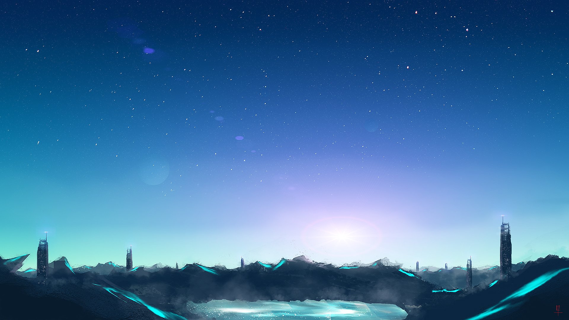 HD PC desktop wallpaper featuring a sci-fi landscape with futuristic buildings under a starry night sky.