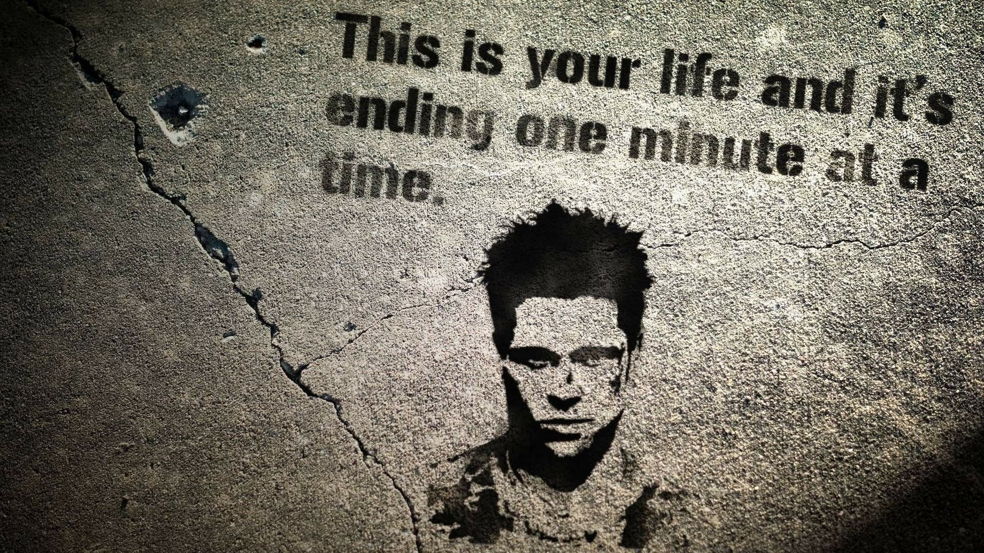 HD PC desktop wallpaper — Fight Club movie background: stenciled male face on cracked concrete with faded text This is your life...