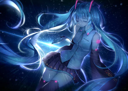 A vibrant HD wallpaper featuring Hatsune Miku, an iconic Vocaloid character, with blue hair and twintails, adorned in a stylish skirt, set against a dynamic music-themed background.