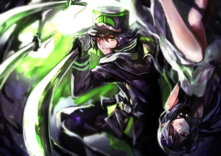 Anime-inspired HD desktop wallpaper from Seraph of the End, featuring dynamic characters wielding weapons against a vibrant green and black background.