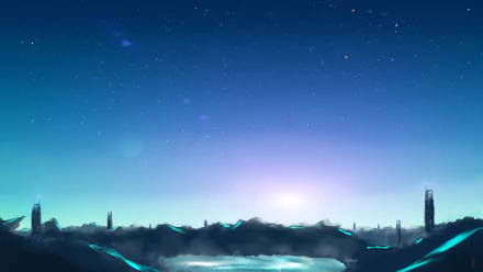 HD PC desktop wallpaper featuring a sci-fi landscape with futuristic buildings under a starry night sky.