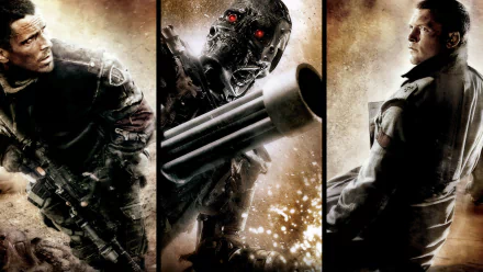 High-definition wallpaper featuring Sam Worthington and Christian Bale in a dramatic scene from Terminator Salvation, showcasing intense action and iconic imagery.