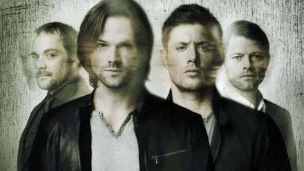HD desktop wallpaper featuring the cast of the TV show Supernatural: Mark Sheppard, Jared Padalecki, Jensen Ackles, and Misha Collins portraying Crowley, Sam Winchester, Dean Winchester, and Castiel, respectively.