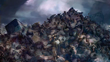 HD PC desktop wallpaper featuring a dark, eerie scene from the TV show Teen Wolf, with a pile of twisted, shadowy figures under a stormy sky.