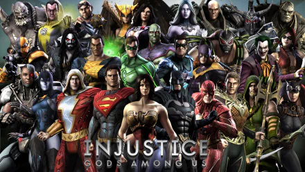 A vibrant HD PC desktop wallpaper featuring characters from the video game Injustice: Gods Among Us, showcasing a diverse lineup of superheroes and villains in dynamic poses.