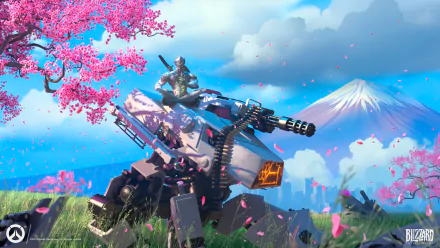 HD wallpaper of Genji from Overwatch. The scene features him sitting atop a futuristic machine in a picturesque setting with cherry blossoms and Mount Fuji in the background.