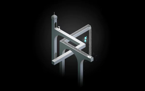 Monument Valley video game 4K Ultra HD PC desktop wallpaper: minimalist Escher-like stone arches and impossible bridge with a small blue-caped figure on a dark background.