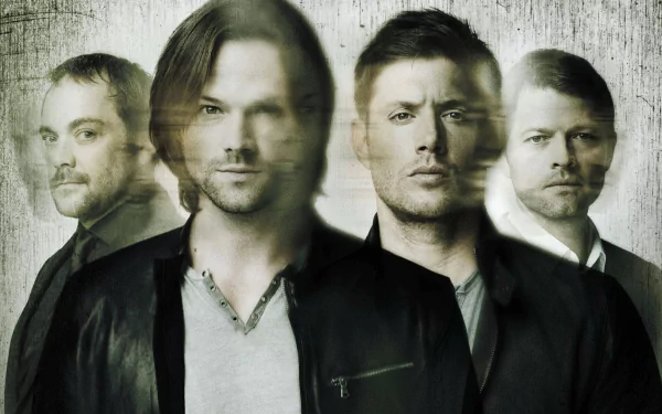 HD desktop wallpaper featuring the cast of the TV show Supernatural: Mark Sheppard, Jared Padalecki, Jensen Ackles, and Misha Collins portraying Crowley, Sam Winchester, Dean Winchester, and Castiel, respectively.