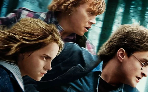 A dynamic HD wallpaper featuring Ron Weasley (Rupert Grint), Hermione Granger (Emma Watson), and Harry Potter (Daniel Radcliffe) from Harry Potter and the Deathly Hallows: Part 1.