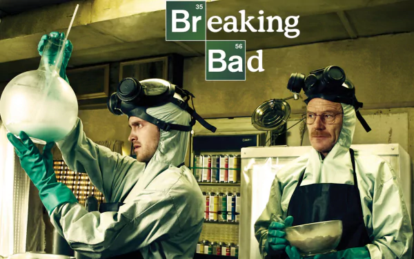 HD desktop wallpaper featuring Jesse Pinkman and Walter White from the TV show Breaking Bad, portrayed by Aaron Paul and Bryan Cranston in their iconic lab gear.