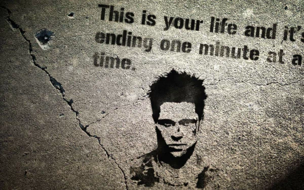 HD PC desktop wallpaper — Fight Club movie background: stenciled male face on cracked concrete with faded text This is your life...