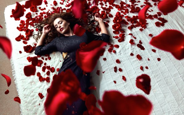 Women Mood Lying Down Brunette Lipstick Rose Petal HD Wallpaper | Background Image
