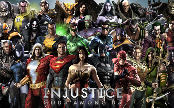 A vibrant HD PC desktop wallpaper featuring characters from the video game Injustice: Gods Among Us, showcasing a diverse lineup of superheroes and villains in dynamic poses.