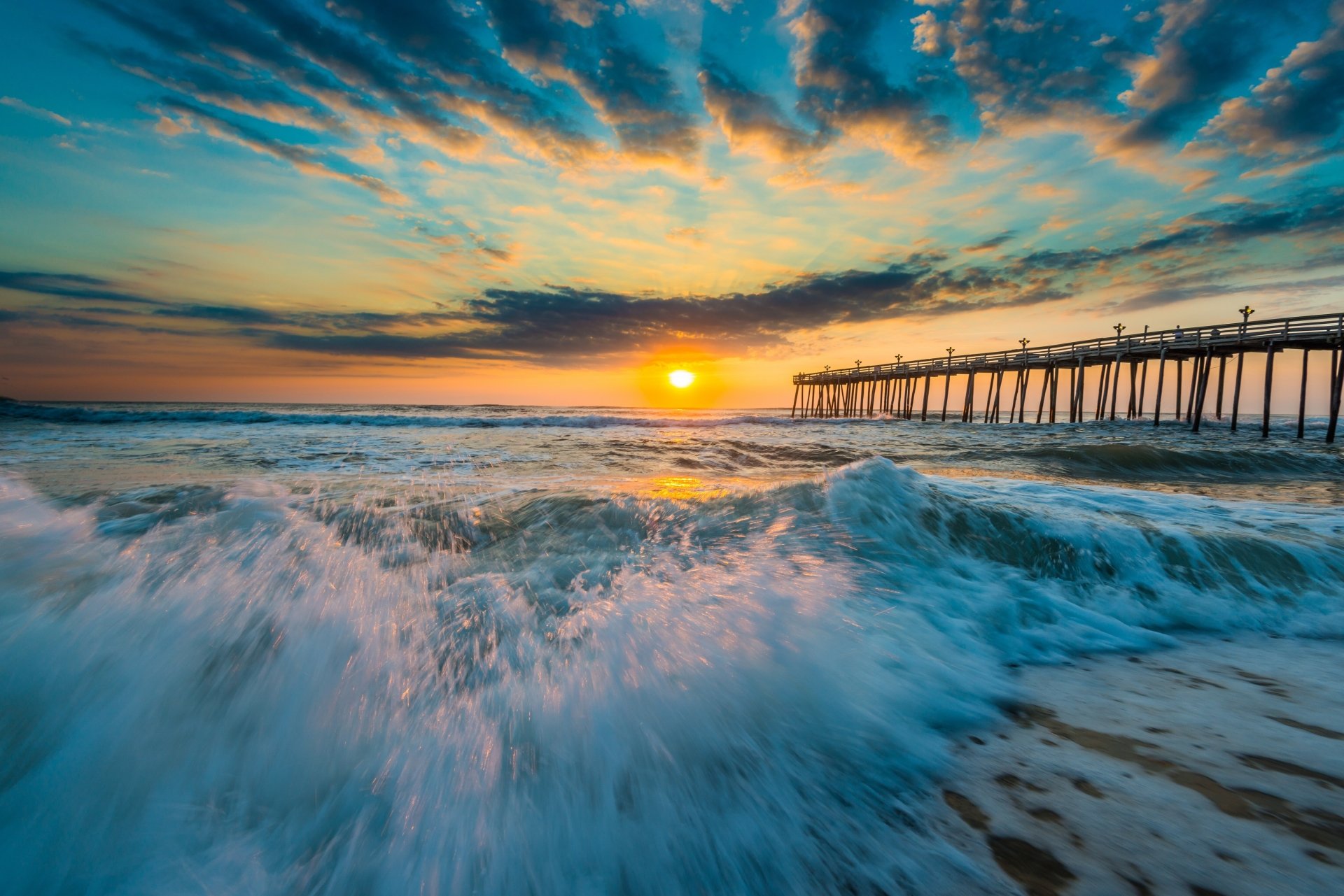 Download Horizon Blue Wave Sunset Ocean Man Made Pier 4k Ultra HD Wallpaper