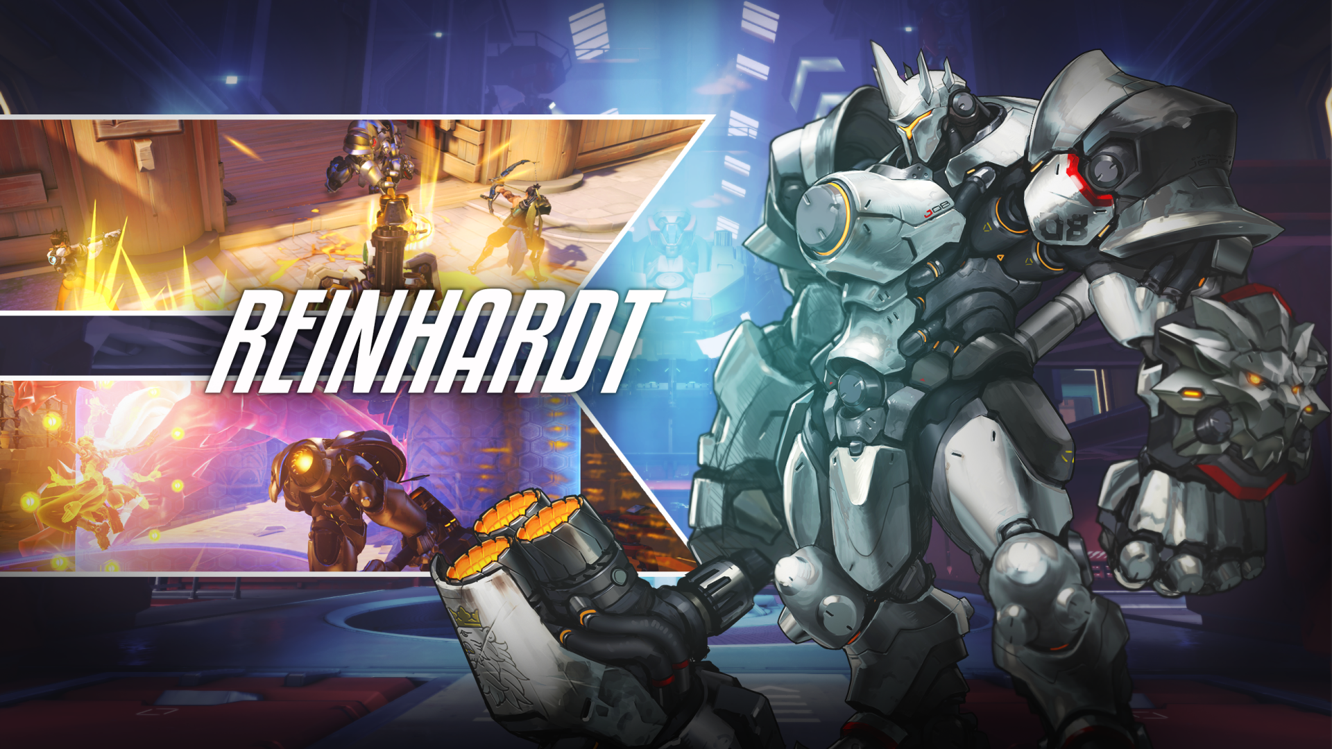 HD PC desktop wallpaper featuring Reinhardt from the video game Overwatch, showcasing the armored hero in a dynamic, action-packed background.