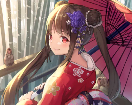 Anime girl with long brown hair, red eyes, and a purple flower in her hair, wearing a traditional Japanese kimono and holding an umbrella. Monkeys are seen in the background.